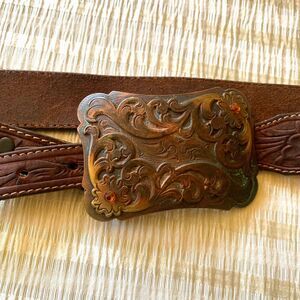 VTG Tony Lama Brown Leather Western Belt 32" Tooled w/ Copper Engraved Buckle